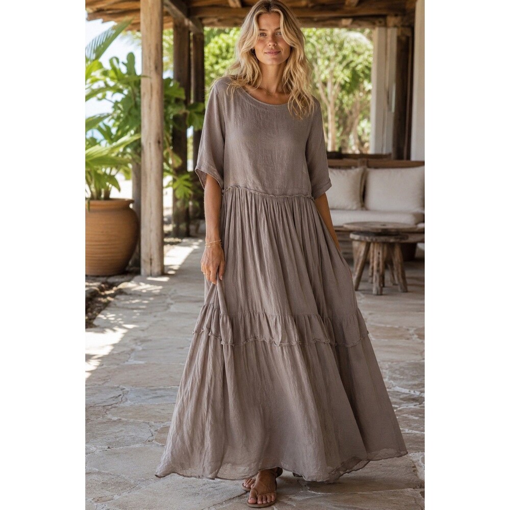 Devitalia Italy Linen Cotton Gauze Tiered Maxi Dress Mushroom Taupe Boho O / S